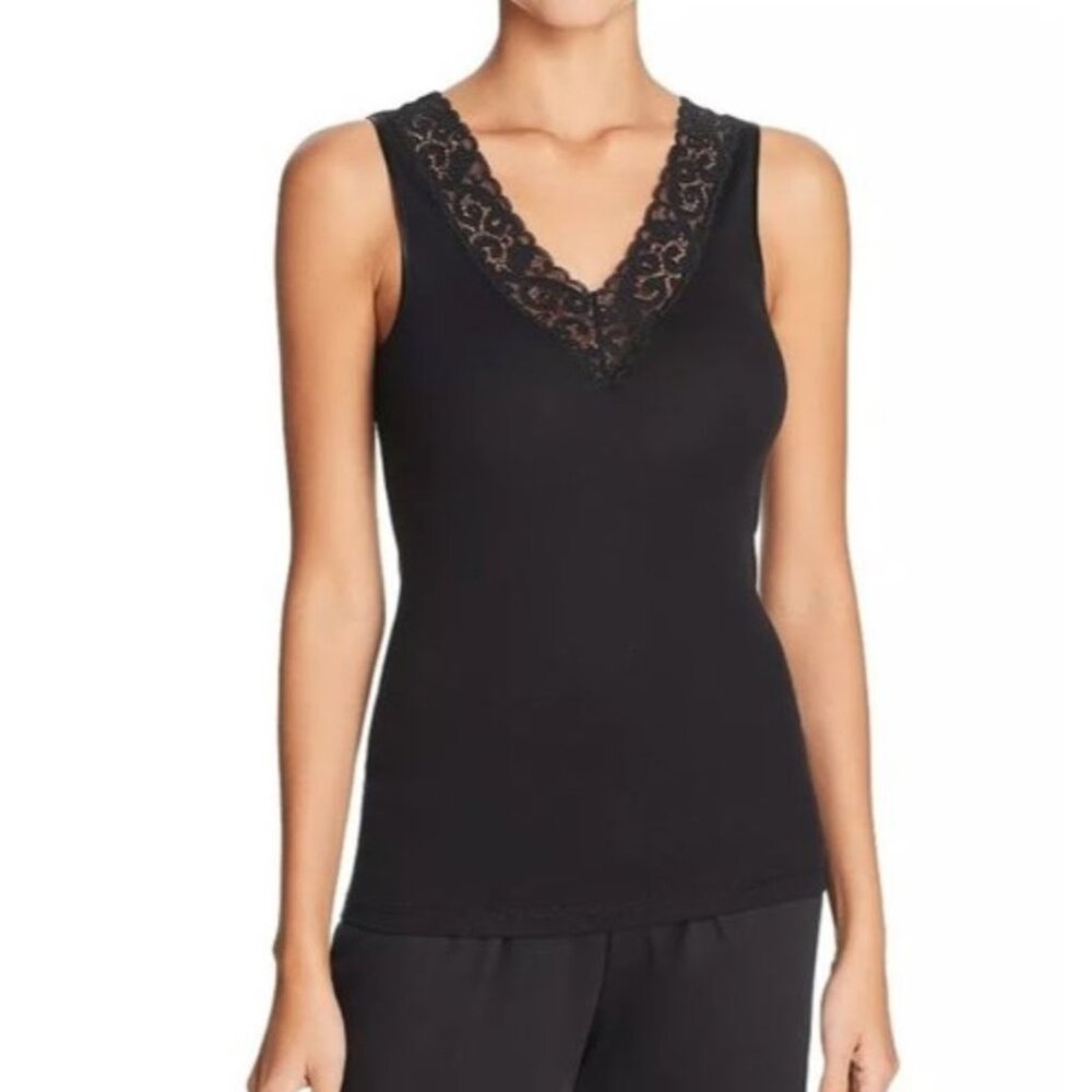 Hanro of Switzerland Moments Black Cotton Lace-trim V-neck Tank Top Women's XS
